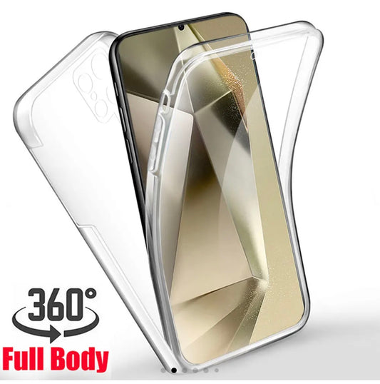 Clear full body phone case with 360-degree protection feature on a white background