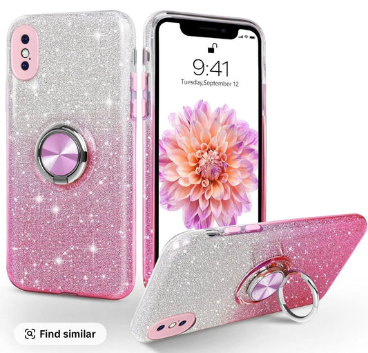 Pink 2-Tone Glitter Ring Case | Sparkle Phone Cover with Finger Holder
