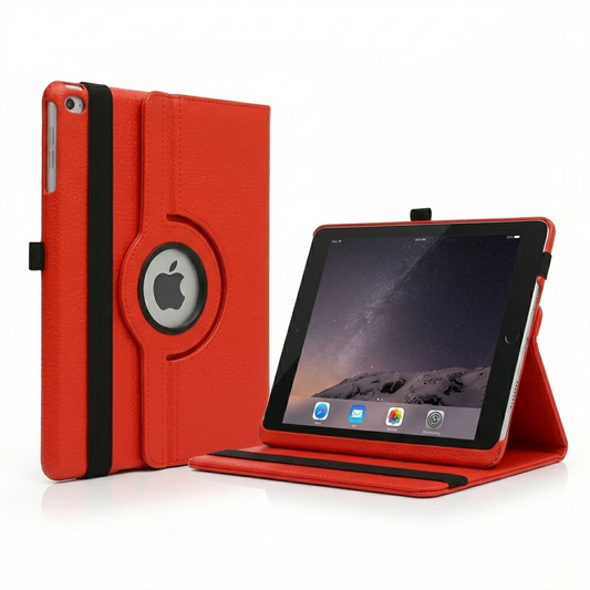 Red tablet case with Apple logo on a white background