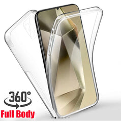 Clear full body phone case with 360-degree protection feature on a white background