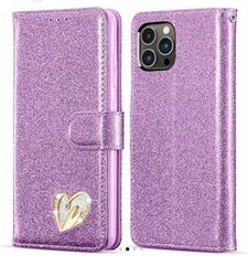 Purple Glitter Heart Book Case | Magnetic Flip Wallet Phone Cover