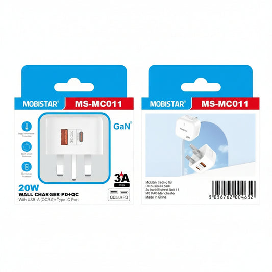 20W WALL CHARGER PD+QC With USB-A (QC3.0)+Type-C Port, 3A