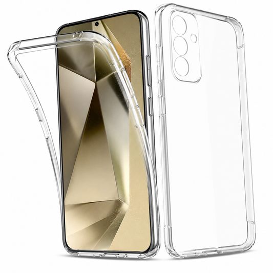 A clear, transparent protective phone case shown on a smartphone, with one view of the phone inside the case and a second view of the empty back of the case on a white background.