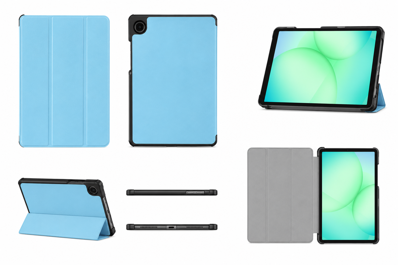 A light blue tablet folio case shown from multiple angles on a white background, including closed front/back views, a stand mode view, a slim view with stylus, and an open view with a tablet inserted. The tablet screen displays a green and blue wallpaper, which is excluded from the product color analysis.