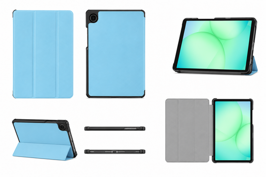 A light blue tablet folio case shown from multiple angles on a white background, including closed front/back views, a stand mode view, a slim view with stylus, and an open view with a tablet inserted. The tablet screen displays a green and blue wallpaper, which is excluded from the product color analysis.