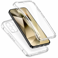 A clear transparent phone case shown on a smartphone, with one case floating above another to demonstrate the transparent bumper and back design, on a white background.