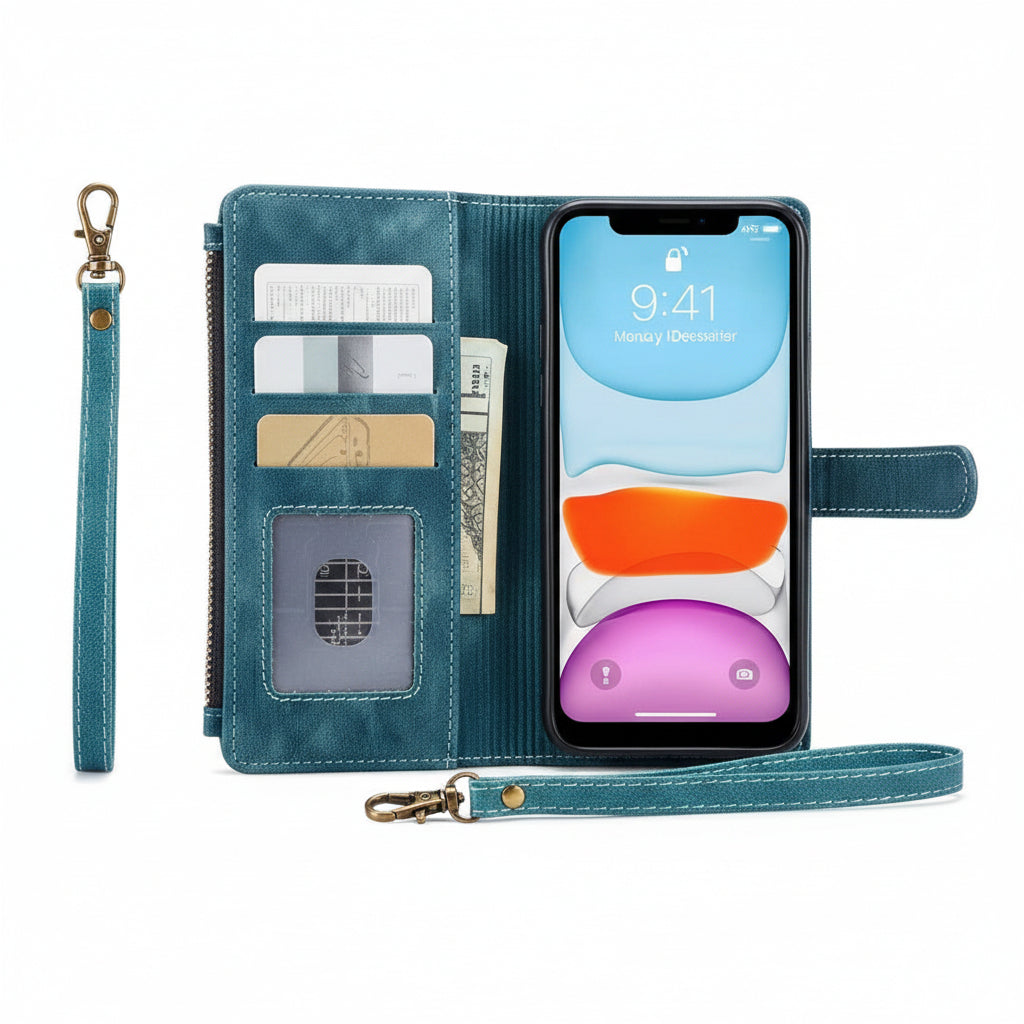 Emerald Zip Bookcase Phone Cover | Wallet Case with Card Holder & Stand